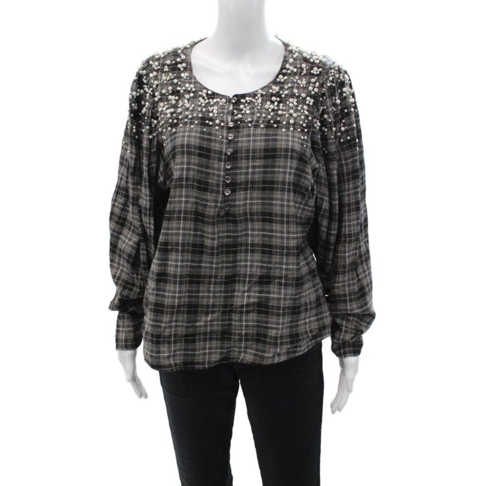 Akemi Kin Women Bohemian Black Button Blouse Long Sleeve Size L